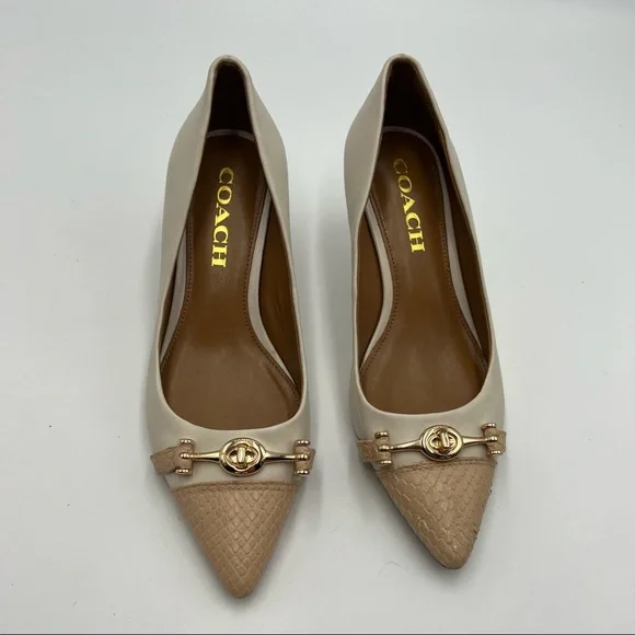 Coach Lauri White/Beechwood Kitten Horsebit Heels - Picture 2 of 7